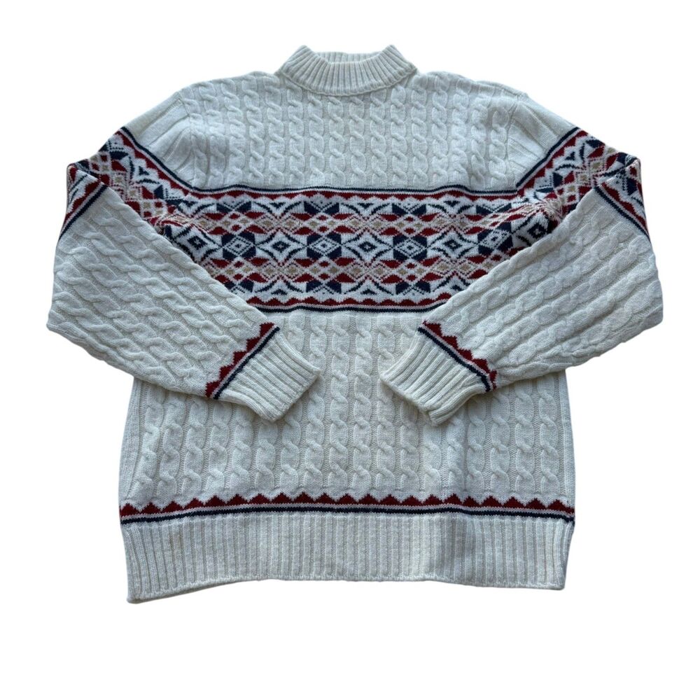 Vintage Lord Jeff Cable Knit Sweater USA Bullock's Fair Isle Mock Neck Large